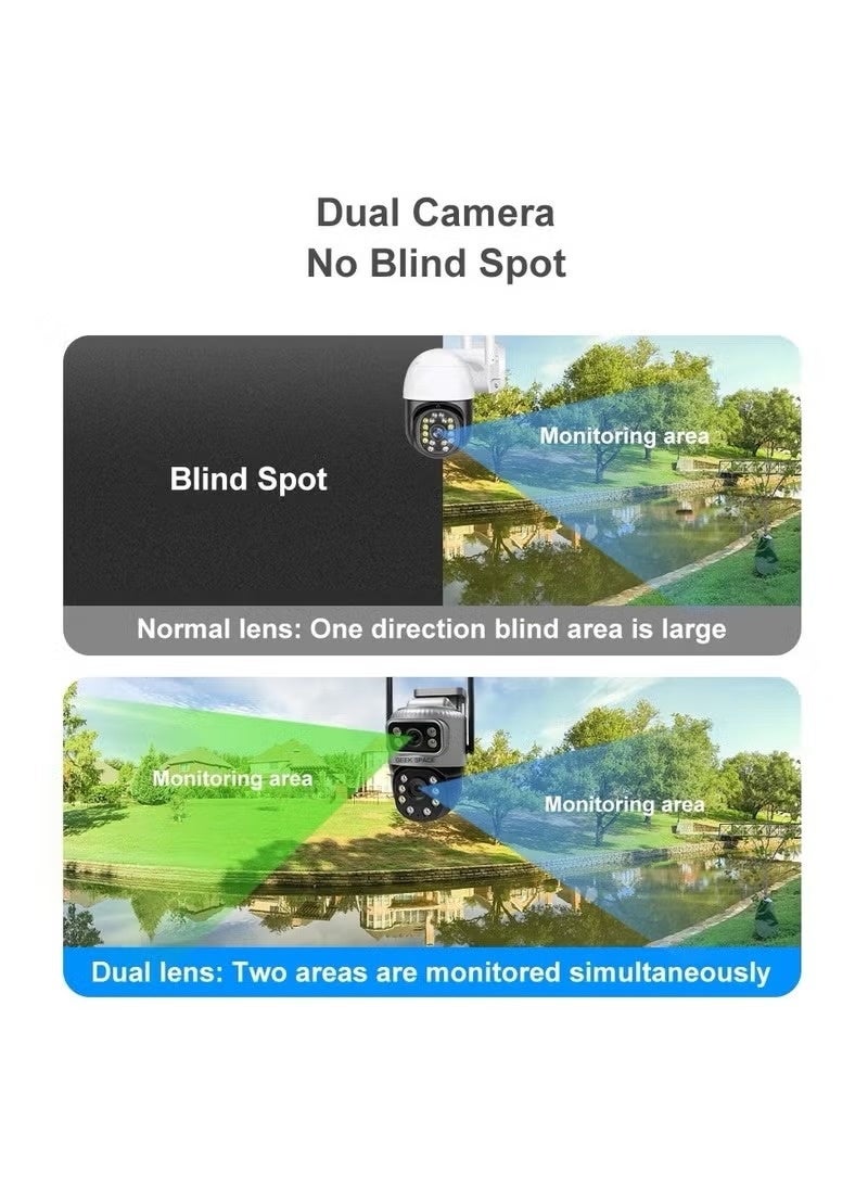 في 380 كاميرا مراقبة تعمل بالطاقة الشمسية بتقنية الجيل الرابع، مزودة بعدسة مزدوجة للمراقبة الخارجية عبر شريحة SIM بتقنية الجيل الرابع، وكاميرا PTZ IP بدقة 2K، ورؤية ليلية ملونة، وخاصية كشف الحركة، وصوت ثنائي الاتجاه، ومقاومة للماء والغبار بمعيار IP66، وإمكانية التخزين على بطاقة SD أو السحابة. - Image 3